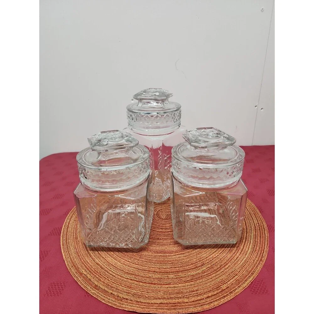 VintageKoeze's Apothecary/Cannister Jars W Gaskets Set Of 3Diamond Pattern 1980s